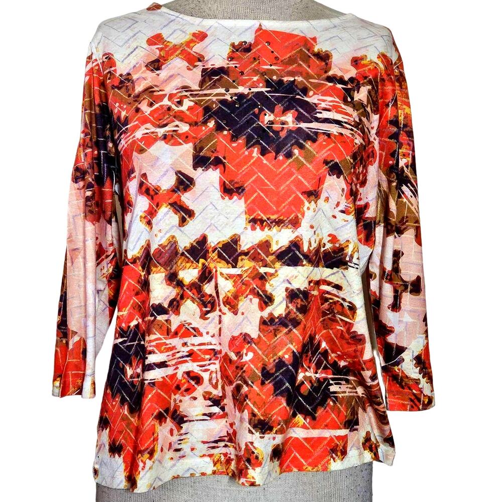 Orange and White Embellished Blouse Size Petite Medium